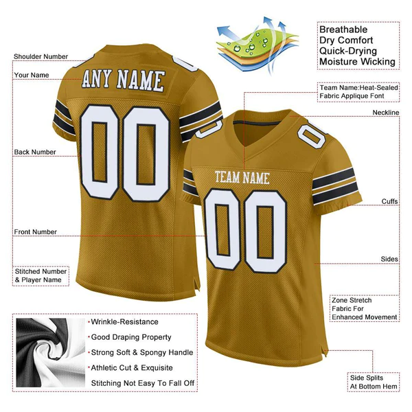 Custom Old Gold White-Black Mesh Authentic Football Jersey - Image 4