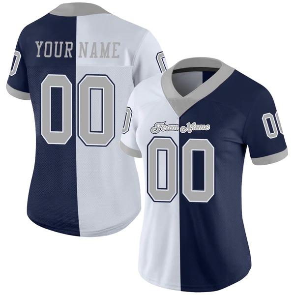 Custom Navy Gray-White Mesh Split Fashion Football Jersey - Image 2