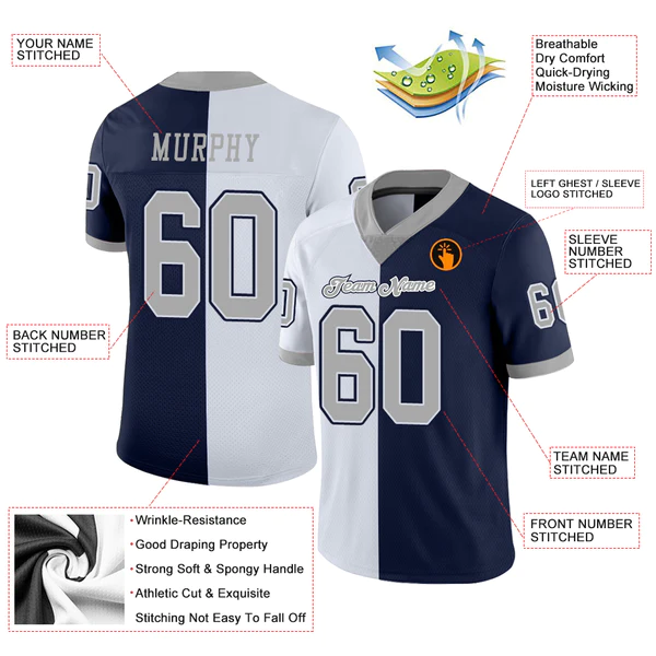 Custom Navy Gray-White Mesh Split Fashion Football Jersey - Image 4